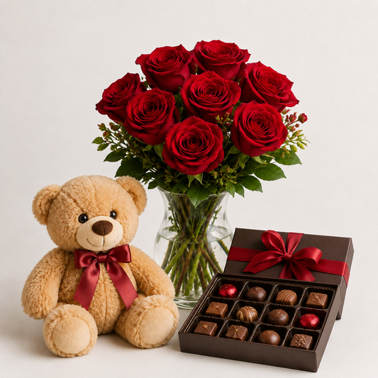 Red Rose Bouquet with Teddy Bear & Luxury Chocolates | Romantic Gift Delivery