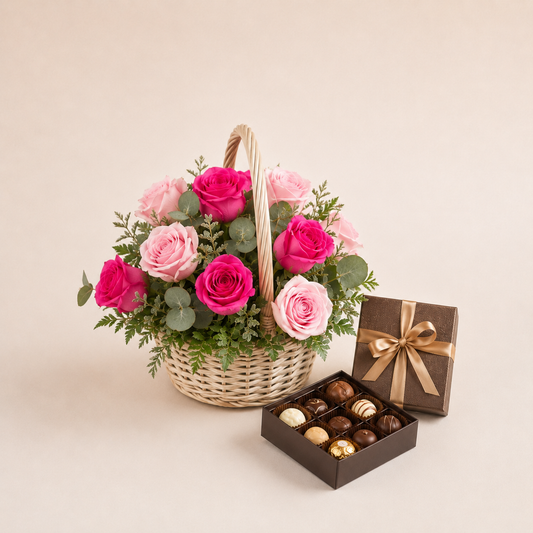 Pink Rose Basket with Luxury Chocolates | Flower & Chocolate Delivery