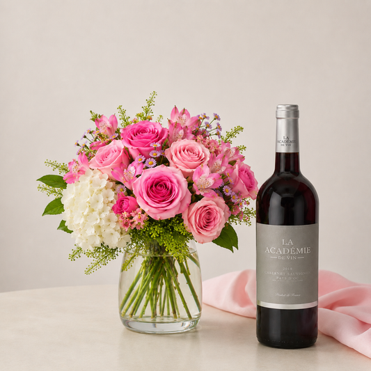 Luxury Pink Rose Bouquet with Red Wine | Premium Flower & Wine Delivery