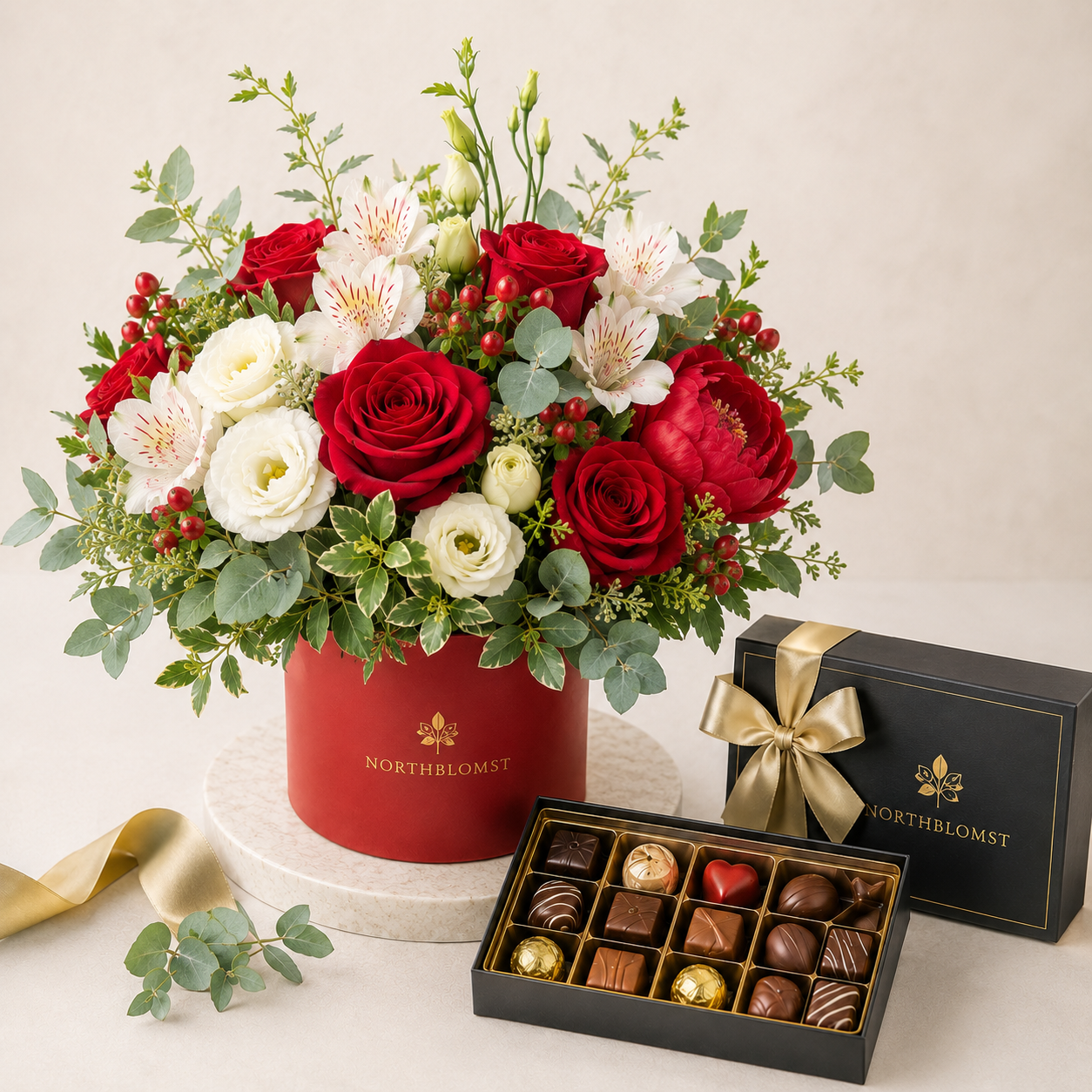 Red & White Flower Box Arrangement with Luxury Chocolates | Elegant Gift Delivery