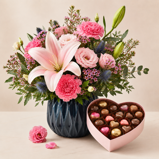 Luxury Pink Flower Vase Arrangement with Heart Chocolates | Elegant Gift Delivery