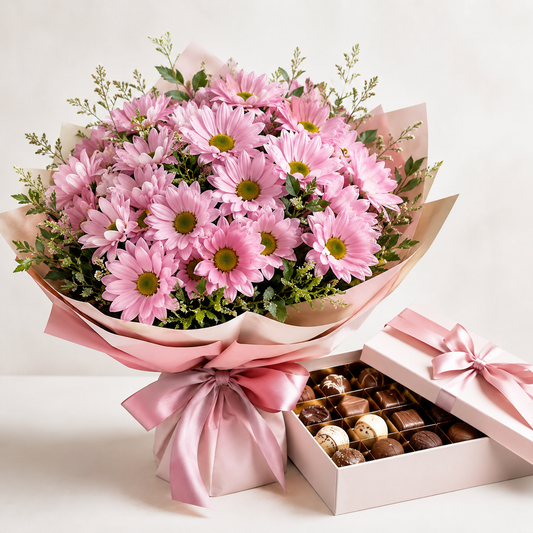 Pink Daisy Bouquet with Luxury Chocolates | Flower & Chocolate Delivery