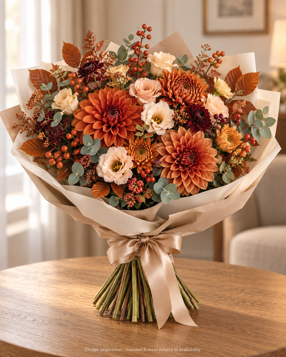 Illustrative design inspiration: wrapped autumn celebration bouquet without roses, standing on a table
