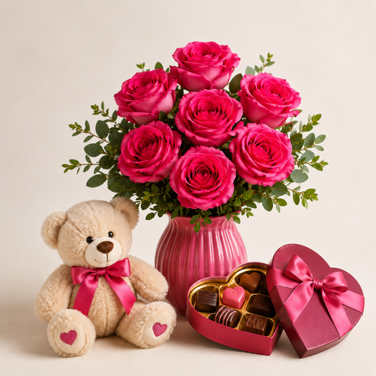 Hot Pink Rose Bouquet with Teddy & Heart Chocolates | Romantic Gift Delivery