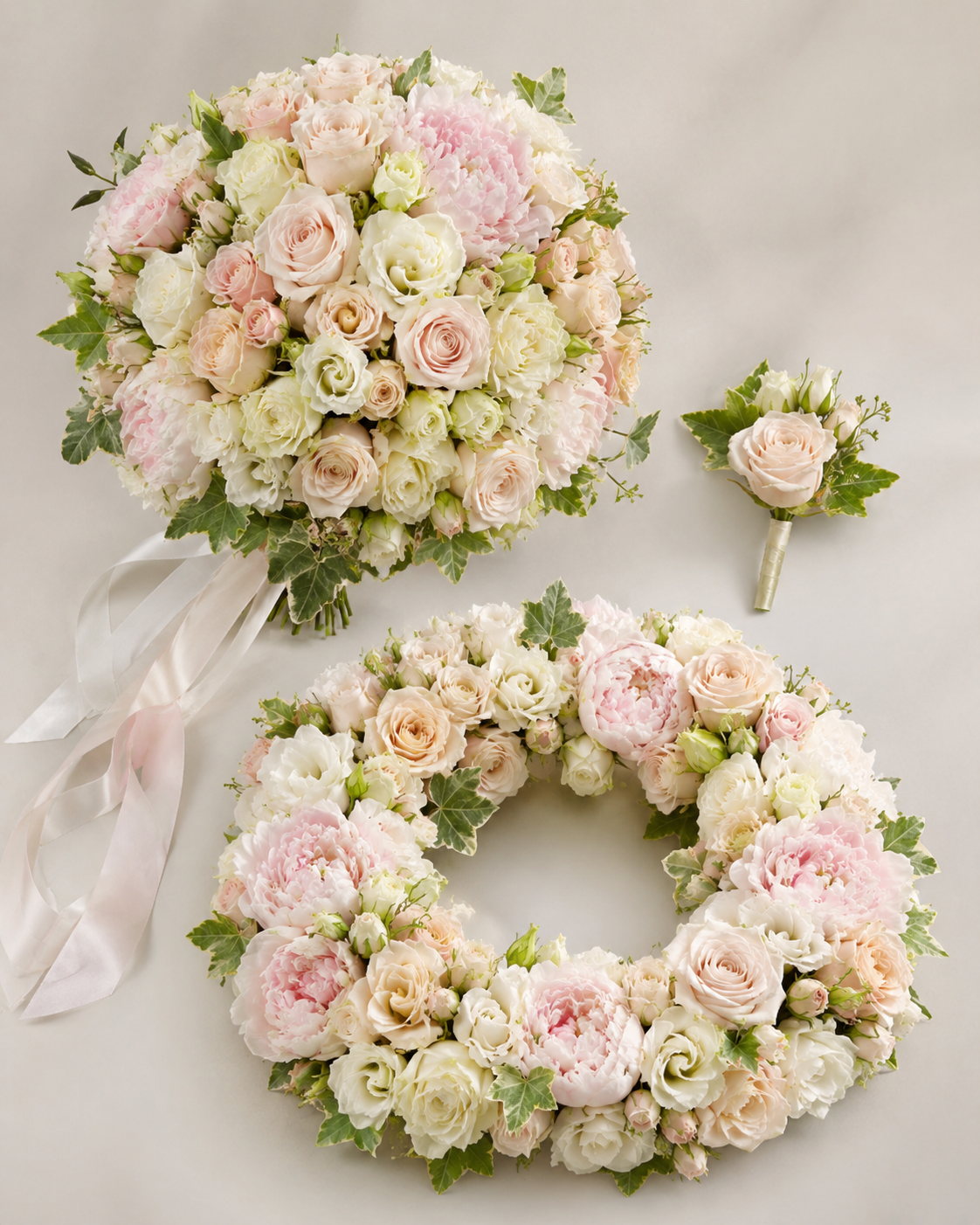 Bryllupsbuket sæt med mindekrans | Pastel blomster