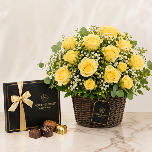 Yellow Rose Basket with Luxury Chocolates | Flower & Chocolate Delivery