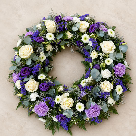 White Rose & Purple Funeral Wreath | Sympathy Flowers Denmark