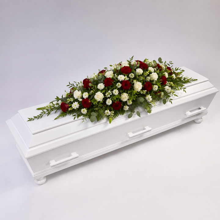 Red & White Coffin Spray | Elegant Funeral Flowers coffin spray delivery in Denmark