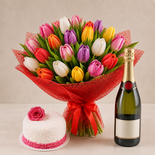 Mixed Tulip Bouquet with Sparkling Gift & Romantic Cake | Celebration Flower Delivery