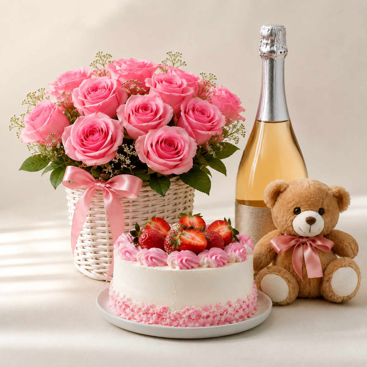 Luxury Pink Rose Basket with Sparkling Gift, Strawberry Cake & Teddy Bear | Premium Gift Delivery