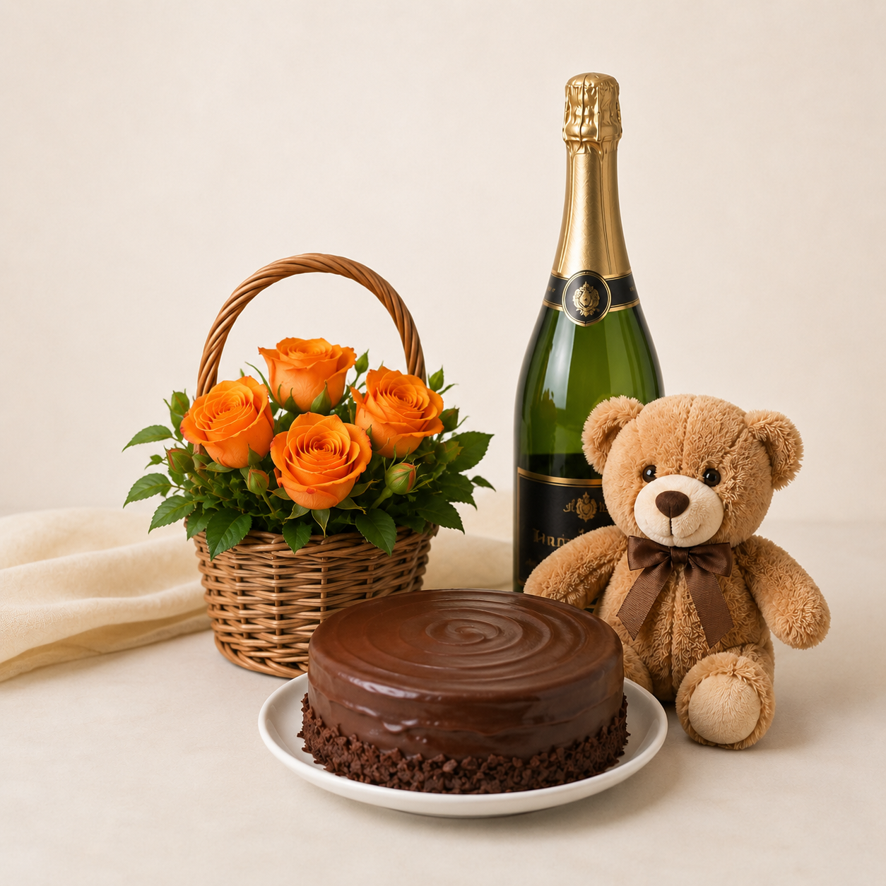 Luxury Orange Rose Basket with Sparkling Gift, Chocolate Cake & Teddy Bear | Premium Gift Delivery