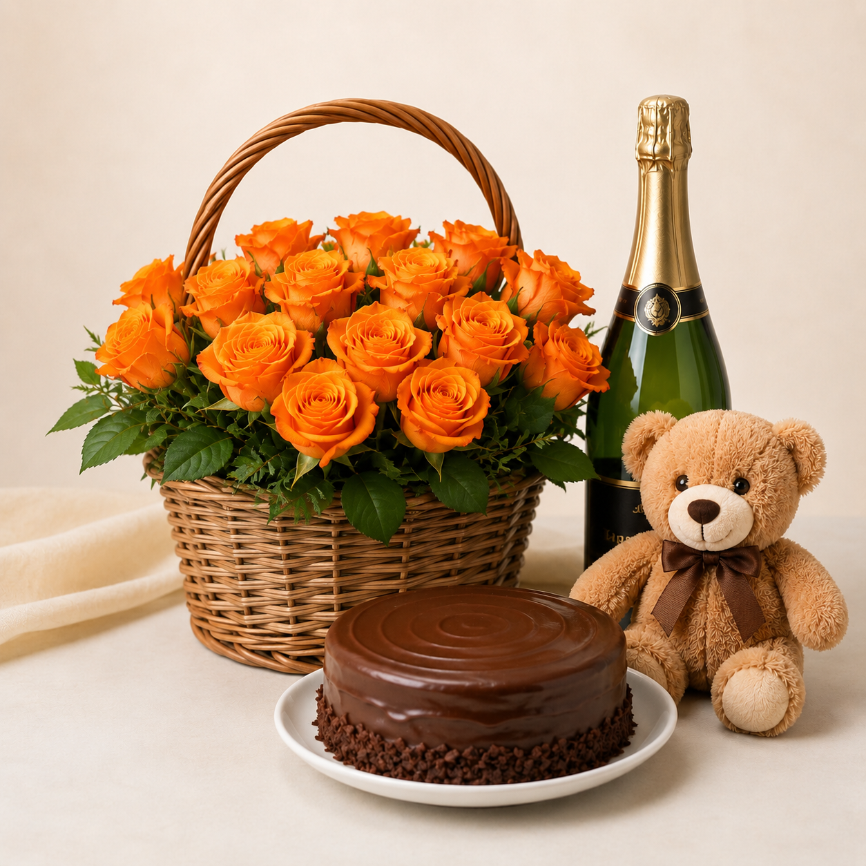 Luxury Orange Rose Basket with Sparkling Gift, Chocolate Cake & Teddy Bear | Premium Gift Delivery