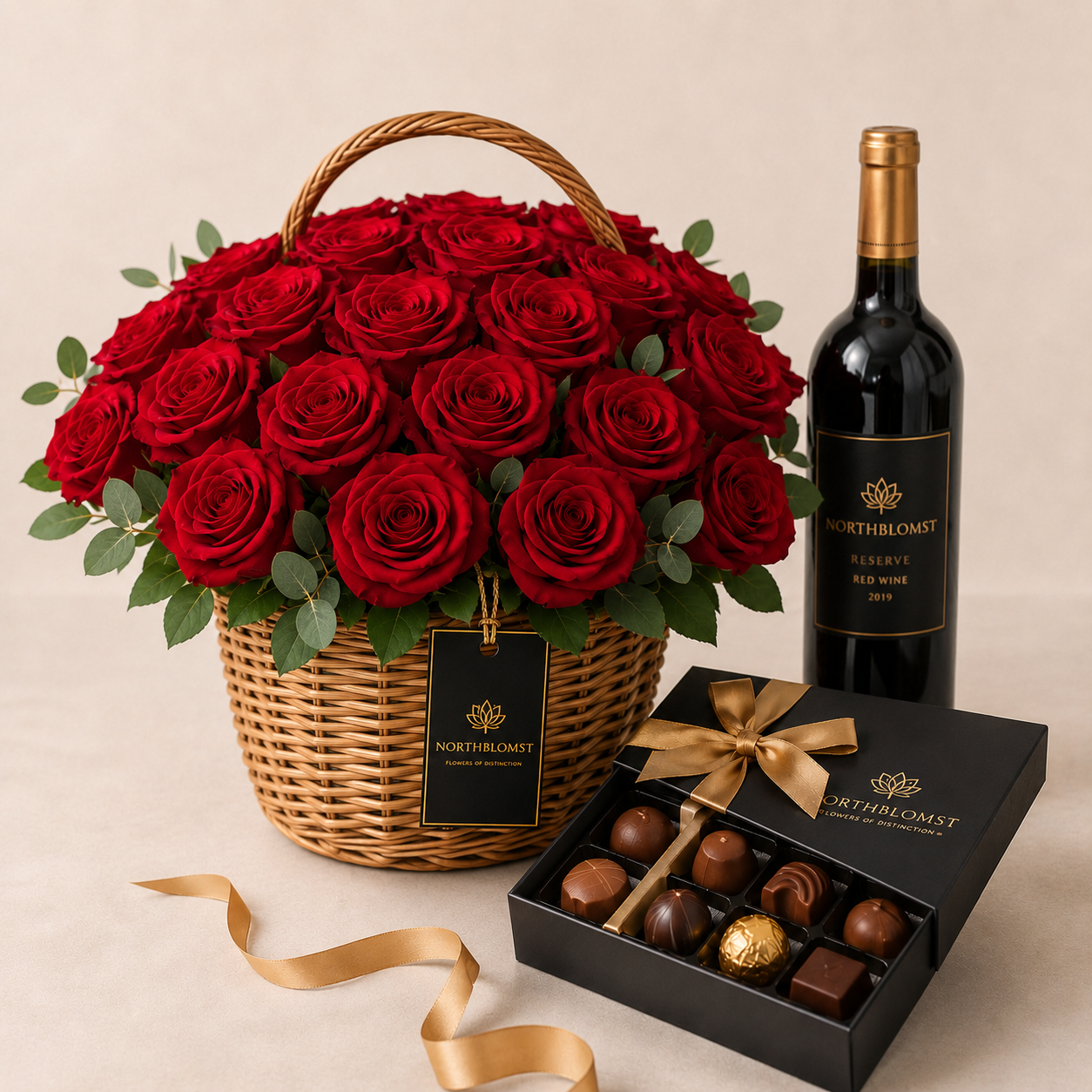 Luxury Red Rose Basket with Red Wine & Chocolates | Premium Flower Delivery