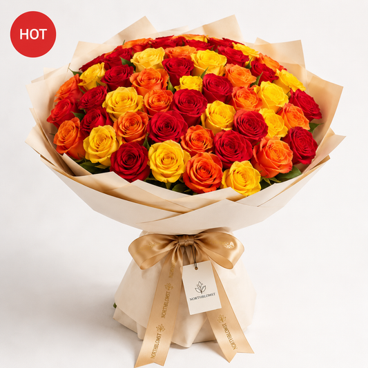 100 Mixed Red, Orange & Yellow Roses Luxury Bouquet | Premium Rose Delivery
