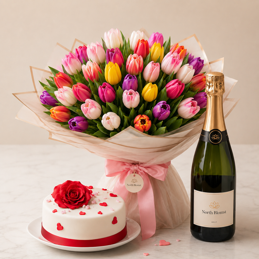 Luxury Mixed Tulip Bouquet with Sparkling Gift & Romantic Cake | Premium Celebration Delivery