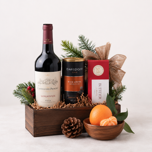Winter Red Wine Gift Basket with Coffee, Chocolates & Citrus | Premium Gift Delivery