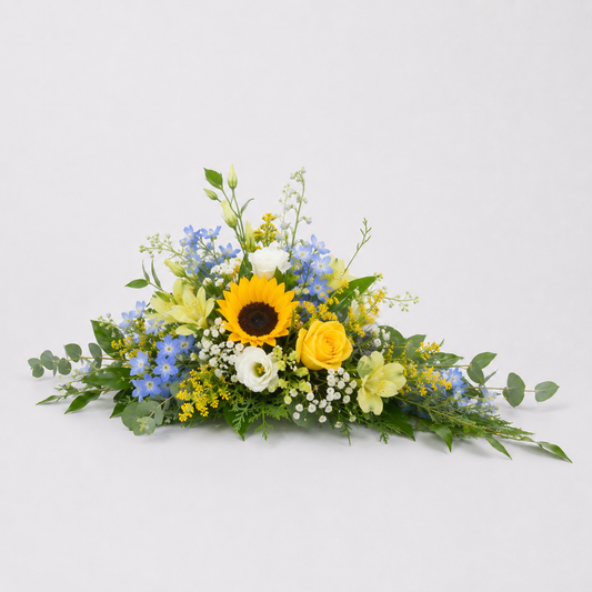 Yellow & Blue Pyramidal Funeral Flowers | Elegant Funeral Arrangement