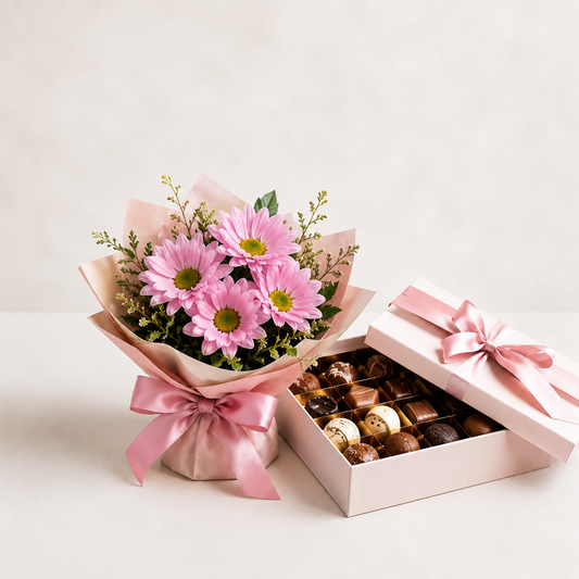 Pink Daisy Bouquet with Luxury Chocolates | Flower & Chocolate Delivery
