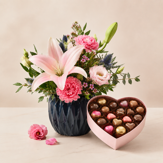 Luxury Pink Flower Vase Arrangement with Heart Chocolates | Elegant Gift Delivery