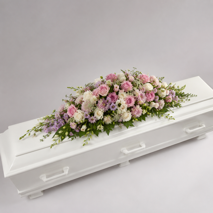 Pink & White Coffin Spray | Elegant Funeral Flowers coffin spray delivery in Denmark
