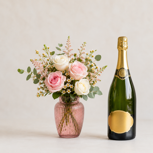 Luxury White & Pink Rose Bouquet with Champagne Gift | Premium Flower Delivery