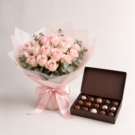Soft Pink Rose Bouquet with Luxury Chocolates | Flower & Chocolate Delivery
