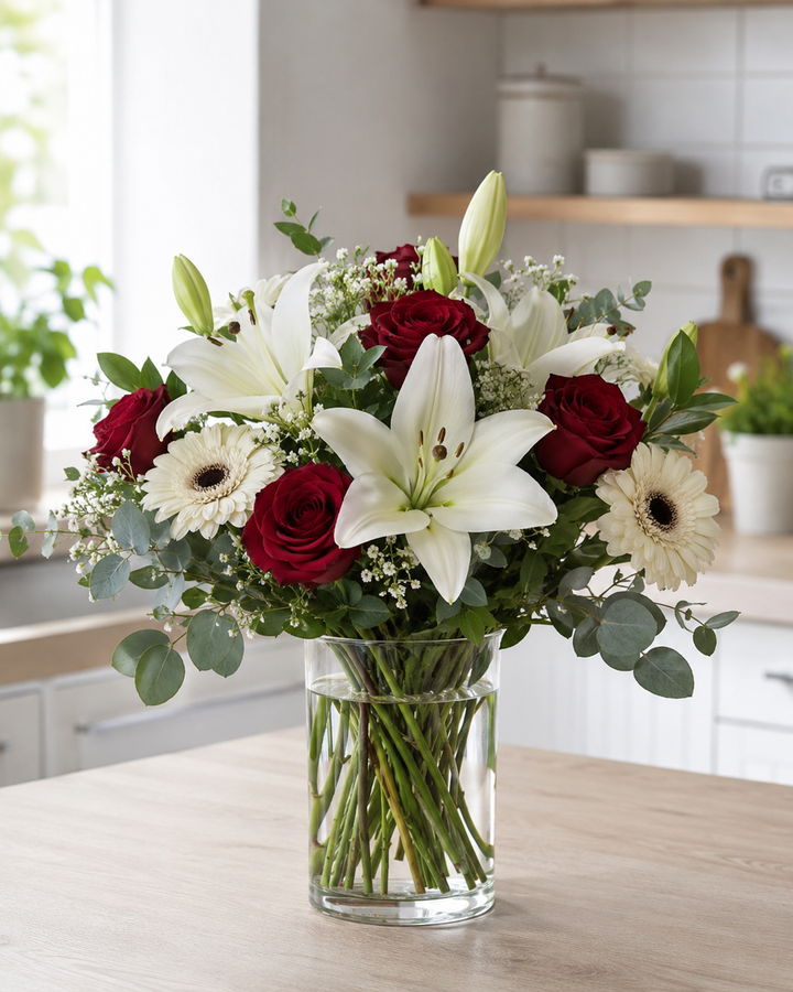 Red & White Lily Rose Bouquet | Elegant Flower Bouquet Online