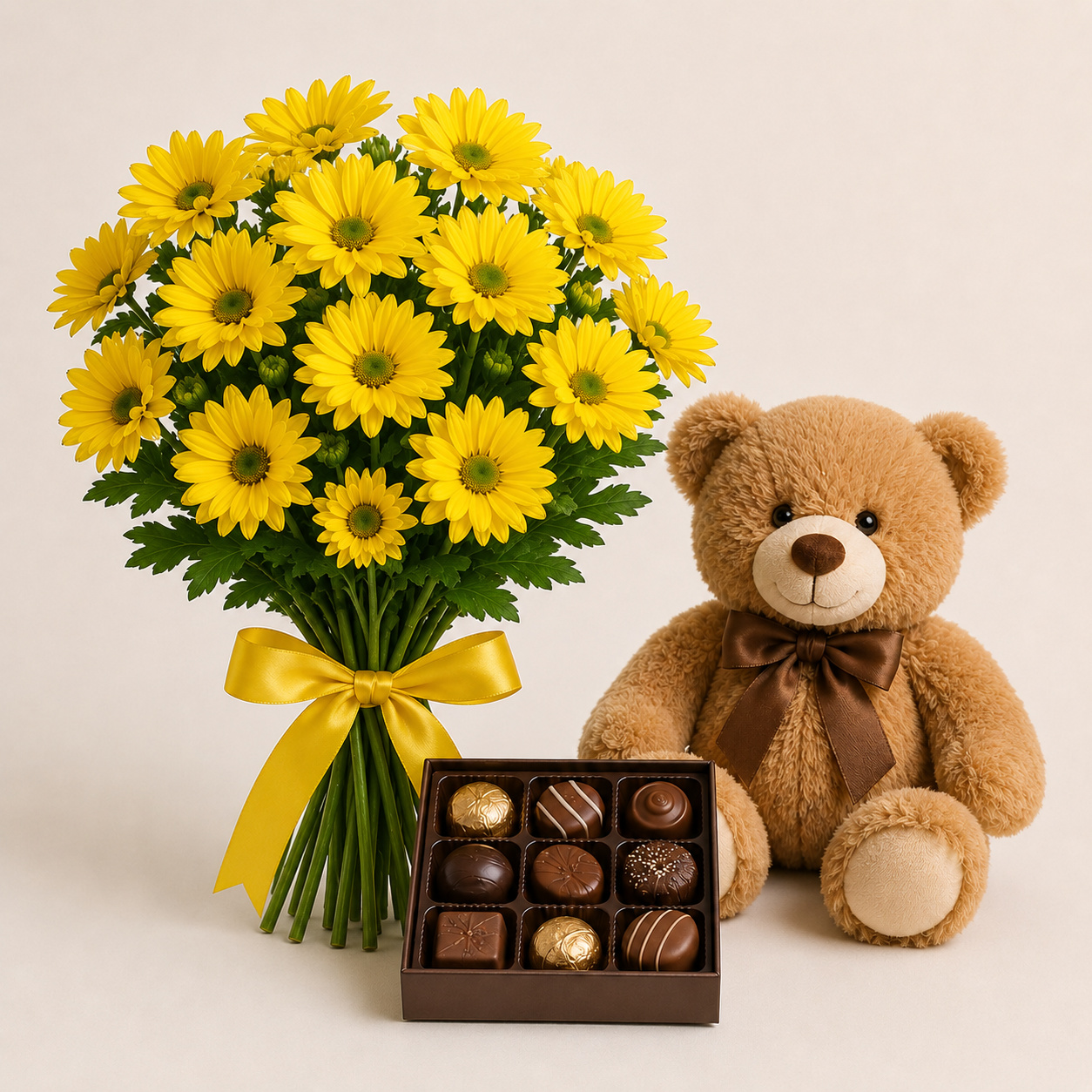 Yellow Daisy Bouquet with Teddy Bear & Chocolates | Flower Gift Delivery