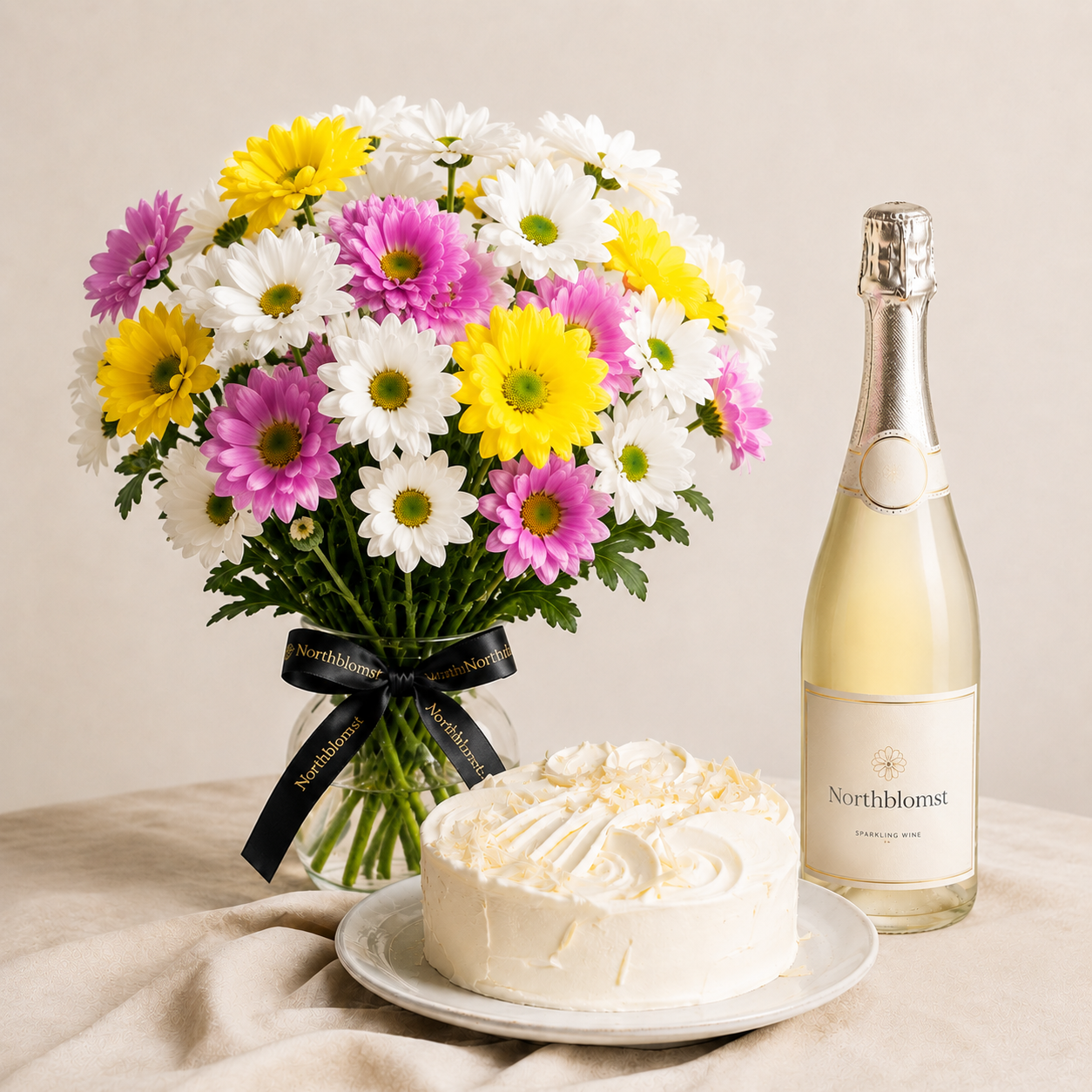 Colourful Daisy Bouquet with Cream Cake & Sparkling Gift | Celebration Flower Delivery