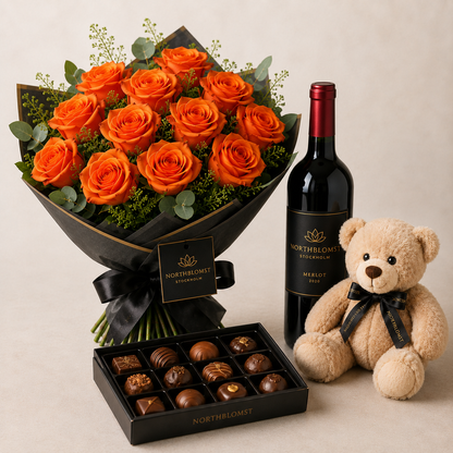 Luxury Orange Rose Bouquet with Red Wine, Chocolates & Teddy Bear | Premium Gift Delivery