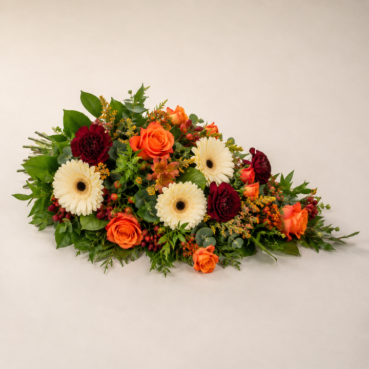 Orange & Cream Funeral Sheaf | Warm Farewell Flowers Online funeral bouquet delivery in Denmark