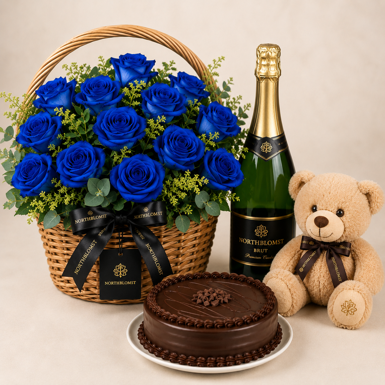 Luxury Blue Rose Basket with Sparkling Gift, Chocolate Cake & Teddy Bear | Premium Gift Delivery