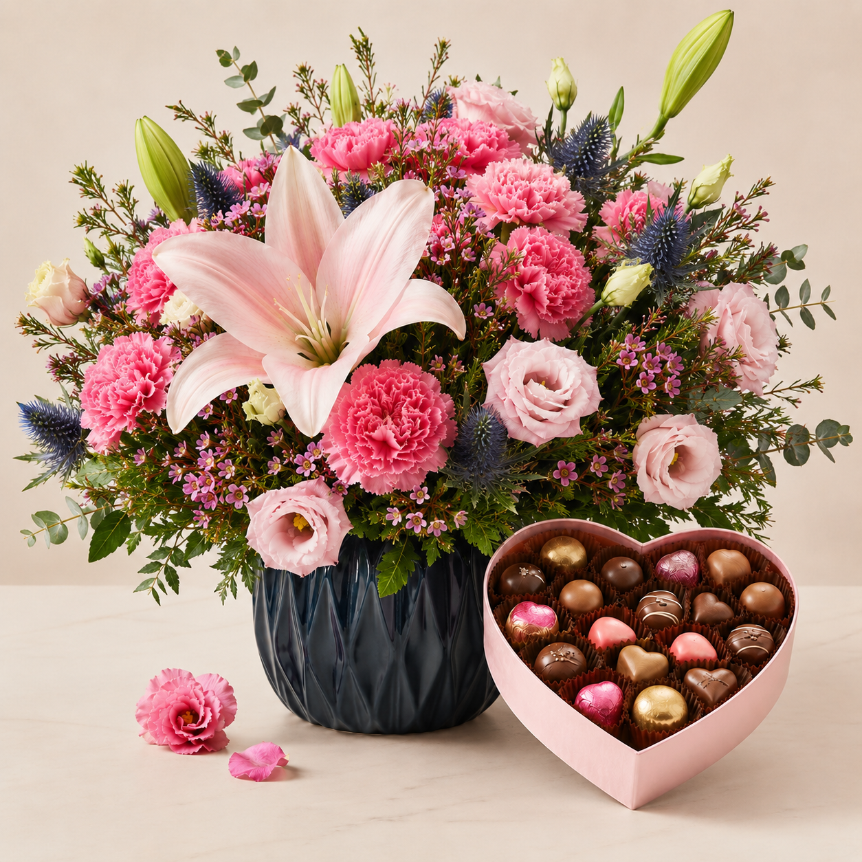 Luxury Pink Flower Vase Arrangement with Heart Chocolates | Elegant Gift Delivery