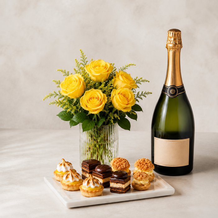 Luxury Yellow Rose Bouquet with Sparkling Gift & Pastries | Premium Celebration Delivery flowers wine and cake delivery in Denmark