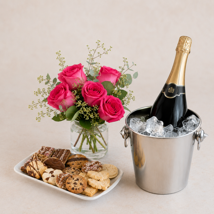 Pink Rose Bouquet with Sparkling Gift & Biscuits | Elegant Celebration Delivery flowers and wine delivery in Denmark
