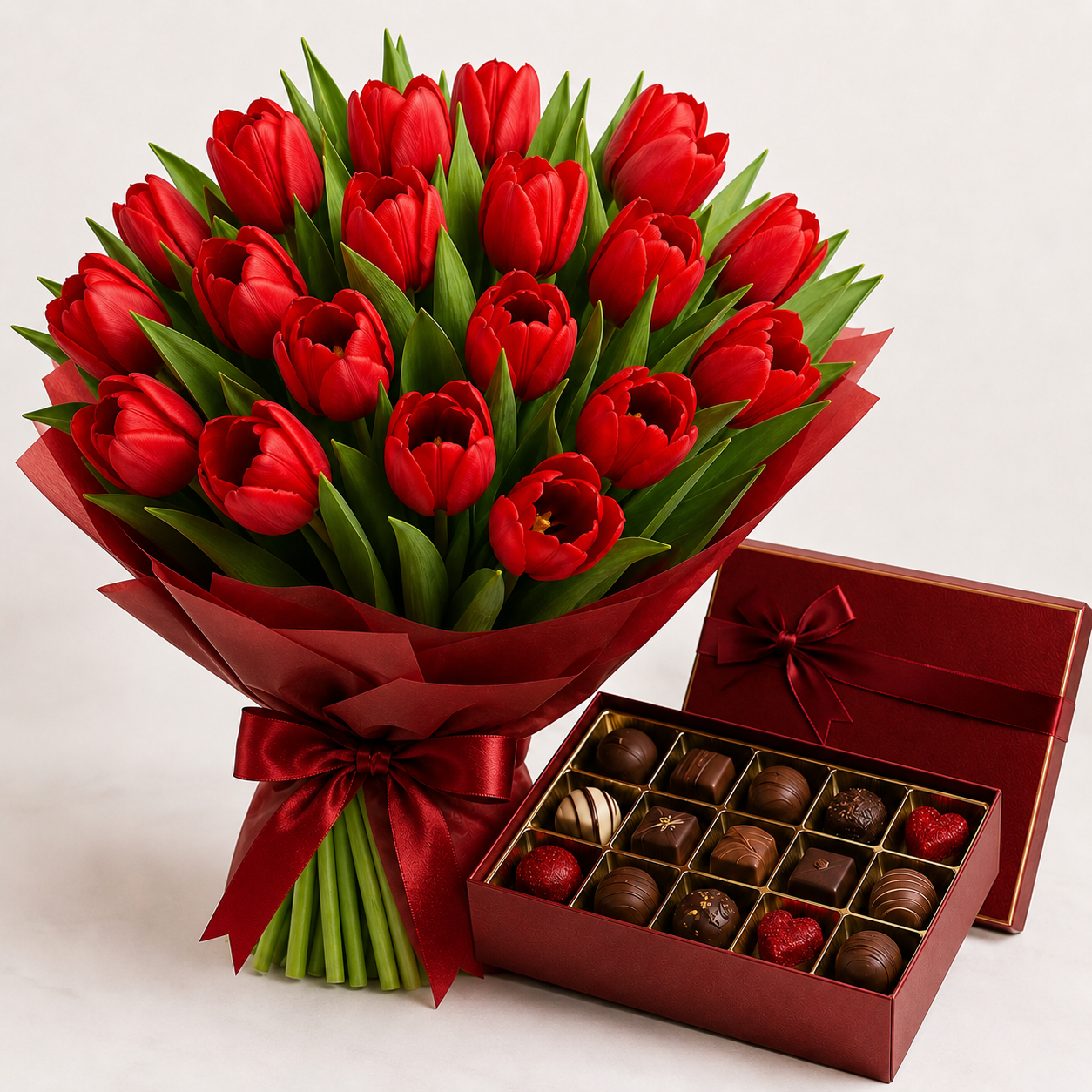 Red Tulip Bouquet with Luxury Chocolates | Flower & Chocolate Delivery