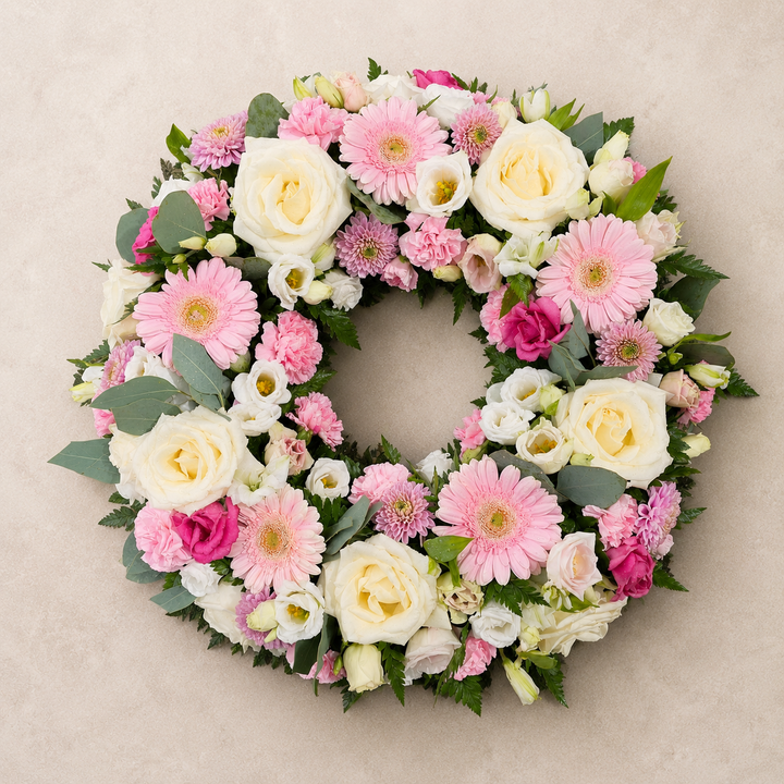 Soft Pink Funeral Wreath | Sympathy Wreath Delivery Online funeral wreath delivery in Denmark