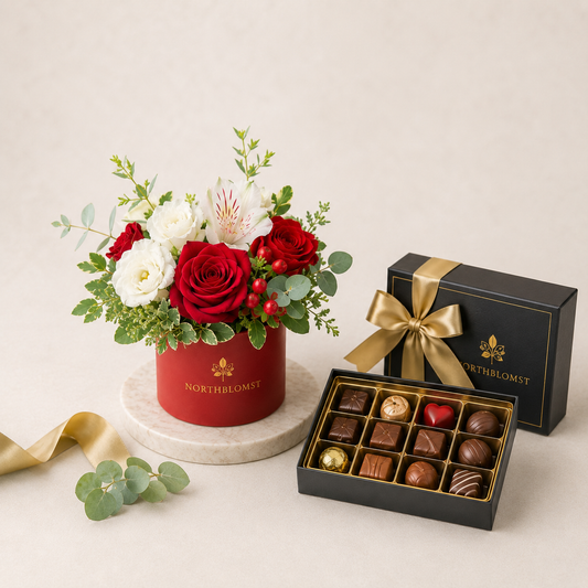 Red & White Flower Box Arrangement with Luxury Chocolates | Elegant Gift Delivery
