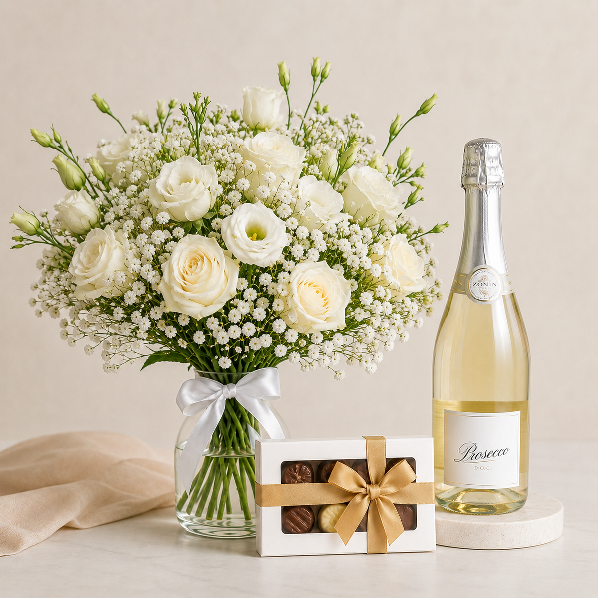 Luxury White Bouquet with Prosecco & Chocolates | Premium Flower Delivery