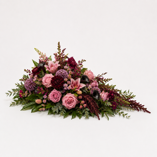 Burgundy & Pink Pyramidal Funeral Flowers | Elegant Funeral Arrangement