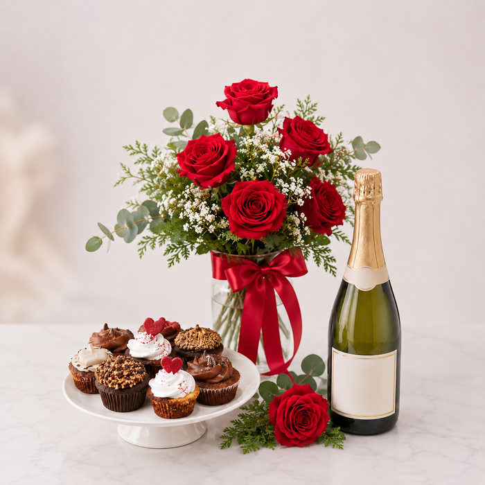 Luxury Red Rose Arrangement with Sparkling Gift & Cupcakes | Premium Celebration Delivery flowers wine and cake delivery in Denmark