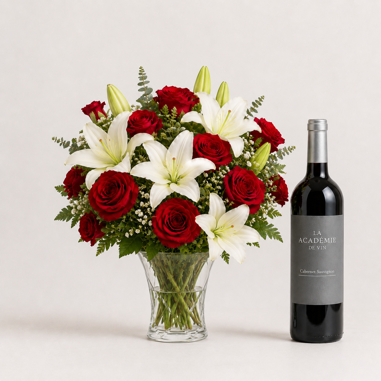 Luxury Red Rose & White Lily Bouquet with Red Wine | Premium Flower Delivery