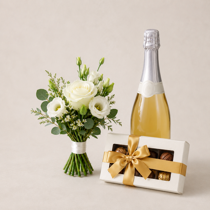 Luxury White Bouquet with Sparkling Gift & Chocolates | Premium Flower Delivery flowers wine and cake delivery in Denmark