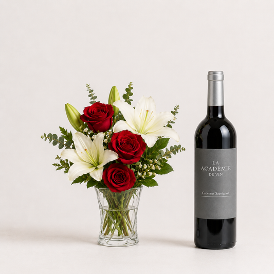 Luxury Red Rose & White Lily Bouquet with Red Wine | Premium Flower Delivery