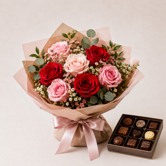 Red & Pink Rose Bouquet with Luxury Chocolates | Romantic Flower Delivery