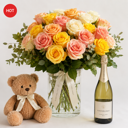 50 Mixed Roses with Teddy Bear & Sparkling Wine | Premium Gift Delivery