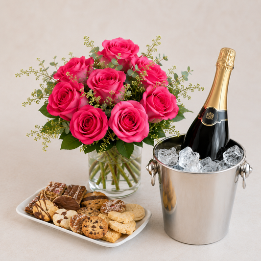 Pink Rose Bouquet with Sparkling Gift & Biscuits | Elegant Celebration Delivery