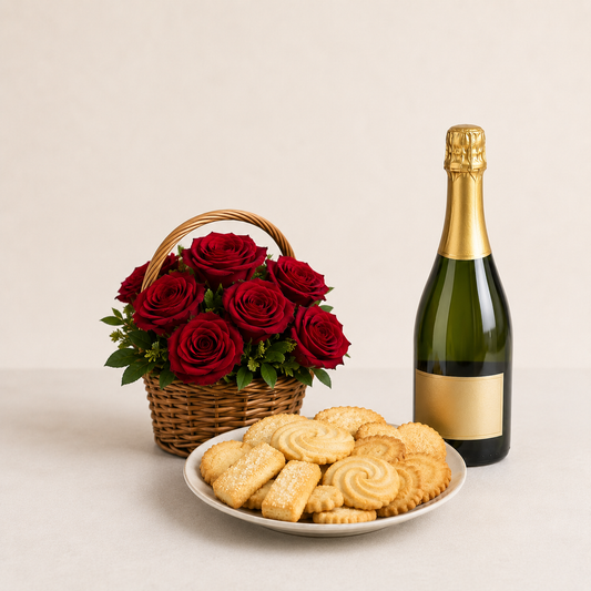 Red Rose Basket with Sparkling Gift & Biscuits | Luxury Flower Delivery