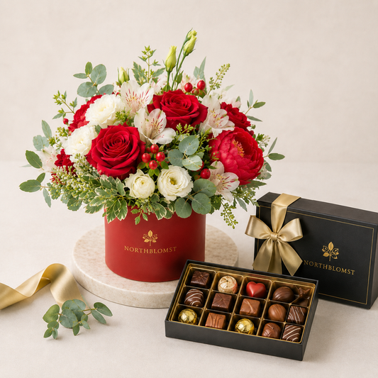 Red & White Flower Box Arrangement with Luxury Chocolates | Elegant Gift Delivery