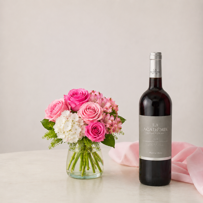 Luxury Pink Rose Bouquet with Red Wine | Premium Flower & Wine Delivery flowers and wine delivery in Denmark